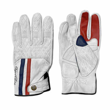 Gants moto en cuir homologues Miles blanc bleu rouge Age of Glory. Blackpines.fr