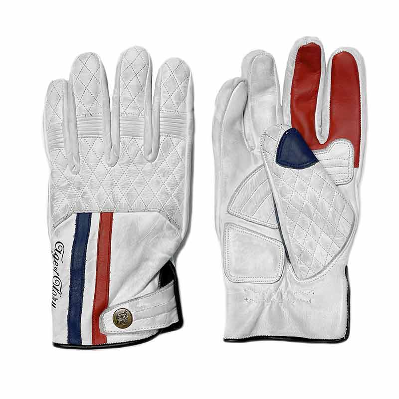 Gants moto en cuir homologues Miles blanc bleu rouge Age of Glory. Blackpines.fr