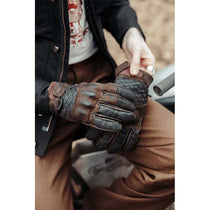 Gants moto cuir et denim homologués Age of Glory Shifter marron.