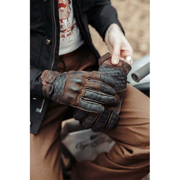 Gants moto cuir et denim homologués Age of Glory Shifter marron.