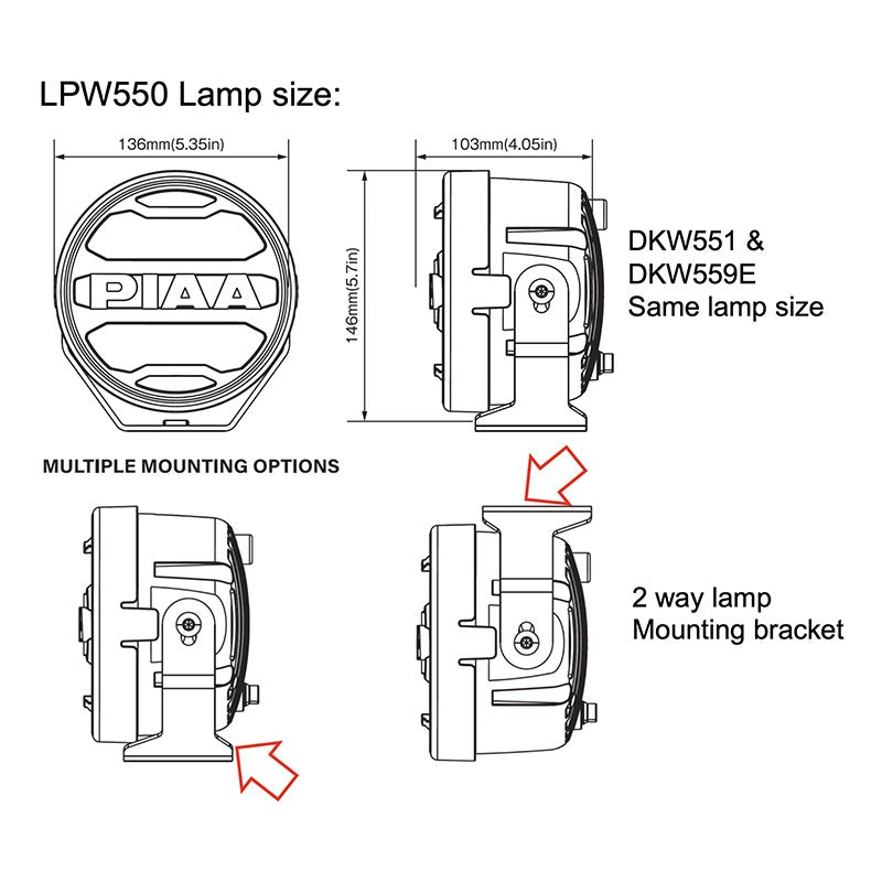 Dimensions des feux additionnels PIAA LPW 550 LED DKW 551.
