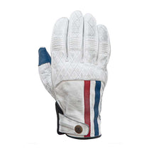 Gants moto en cuir homologues Miles blanc bleu rouge Age of Glory. Blackpines.fr