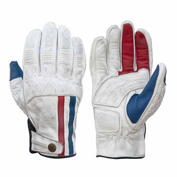 Gants moto en cuir homologues Miles blanc bleu rouge Age of Glory. Blackpines.fr