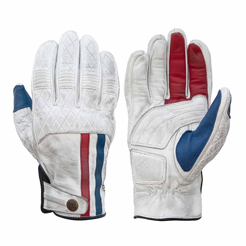 Gants moto en cuir homologues Miles blanc bleu rouge Age of Glory. Blackpines.fr