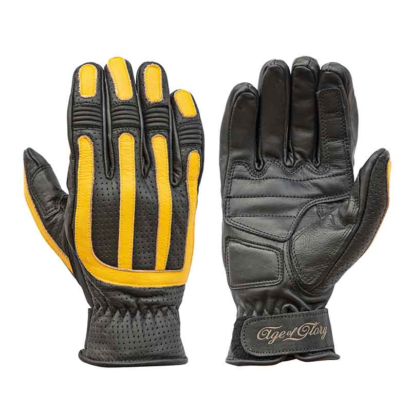 Gants moto cuir noir et jaune homologues Victory CE Age of Glory. Blackpines.fr