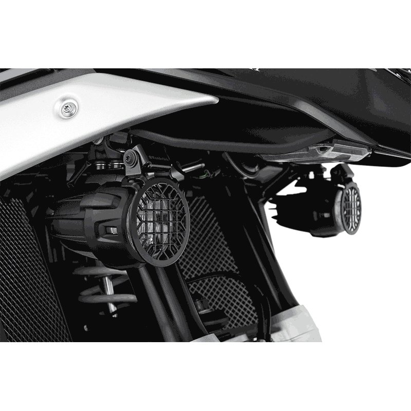 Grilles de protection pour phares additionnels LED NANO BMW R1300GS. Blackpines.fr