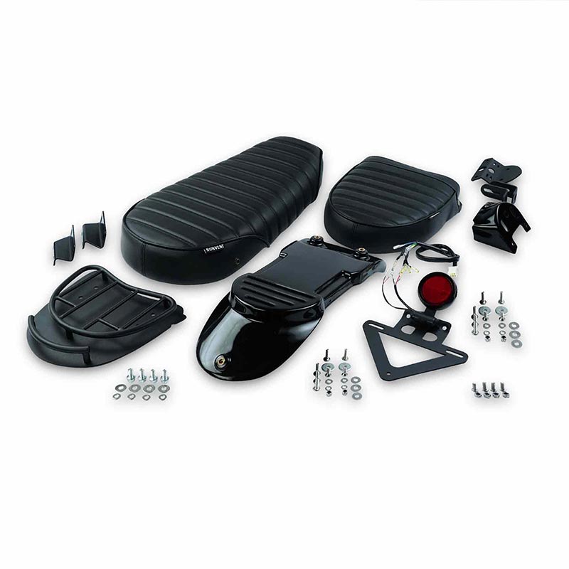 Kit selle modulable, porte-bagages, garde-boue et feu arriere pour Royal Enfield 650. Blackpines.fr