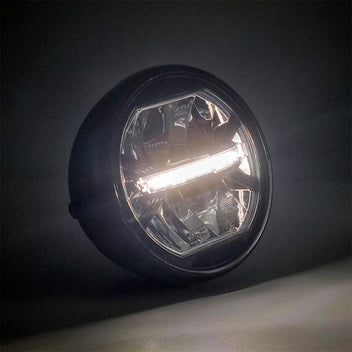 Phare moto LED type 3 avec cuvelage noir. Blackpines.fr