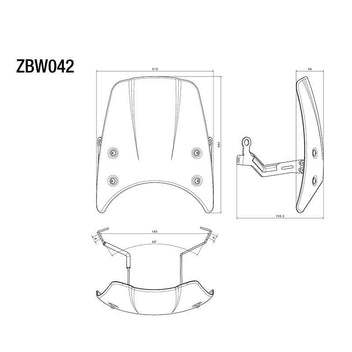 Dimensions du saute-vent Rizoma ZBW042 pour BMW RnineT. Blackpines.fr
