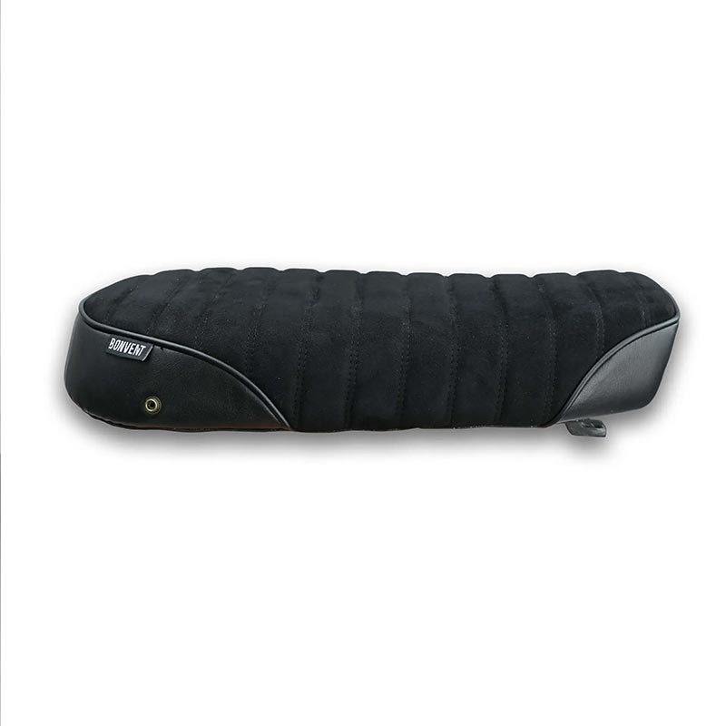 Selle mono noire cuir suede scrambler pour Royal Enfield serie 650. Blackpines.fr