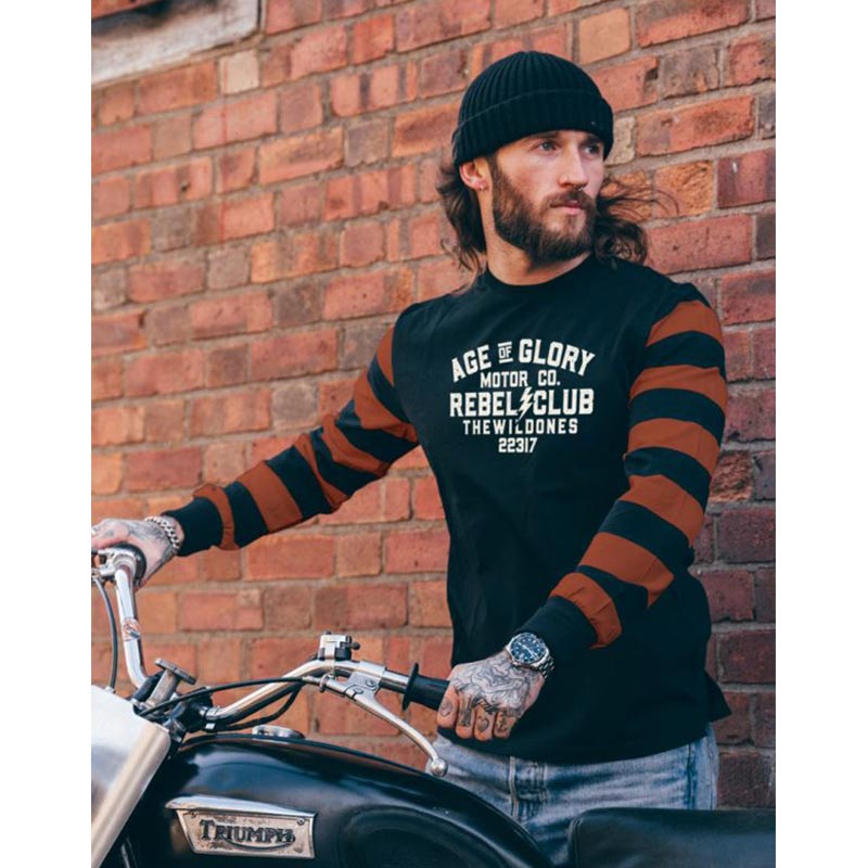 T-shirt moto manches longues Age Of Glory The Wild Ones. Noir délavé, rouille.