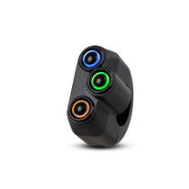 Commodo noir 3 boutons noirs avec LED bleue verte et jaune marque Rebelmoto. Blackpines.fr