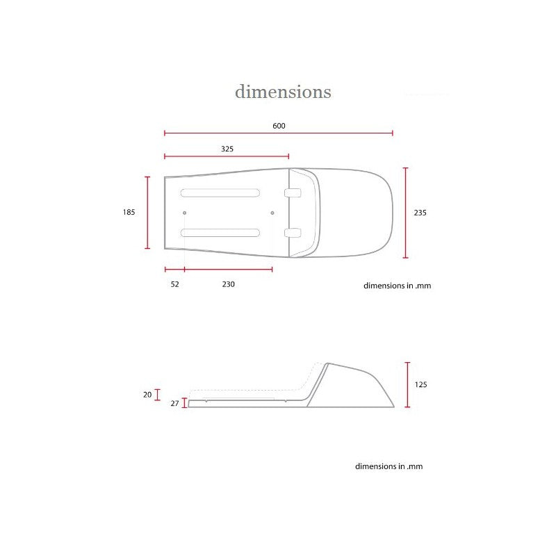 Dimensions de la selle Cafe Racer C Racer coque marron. Blackpines.fr